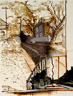 Christy Bergland sepia drawing, Clipper RD of Old Looking
North/Looking South Now