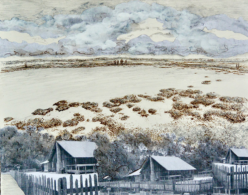 Christy Bergland sepia drawing, The Chesser Homestead at the Okefenokee Swamp